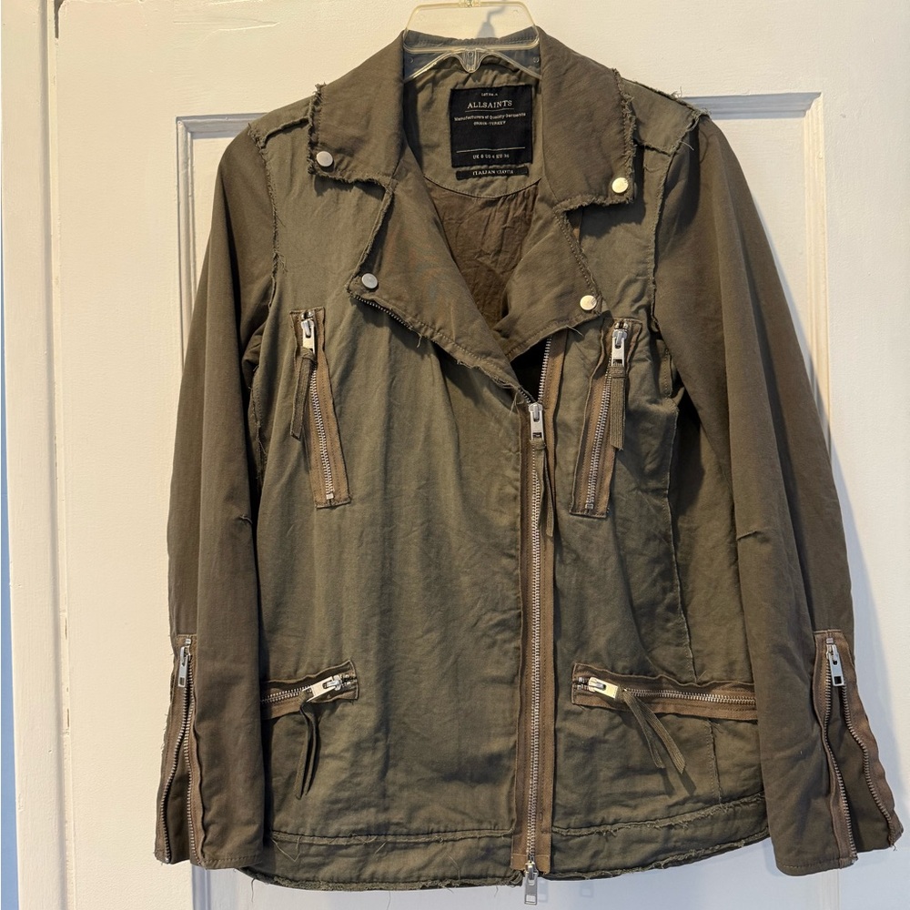 All Saints Olive Green Moto Jacket